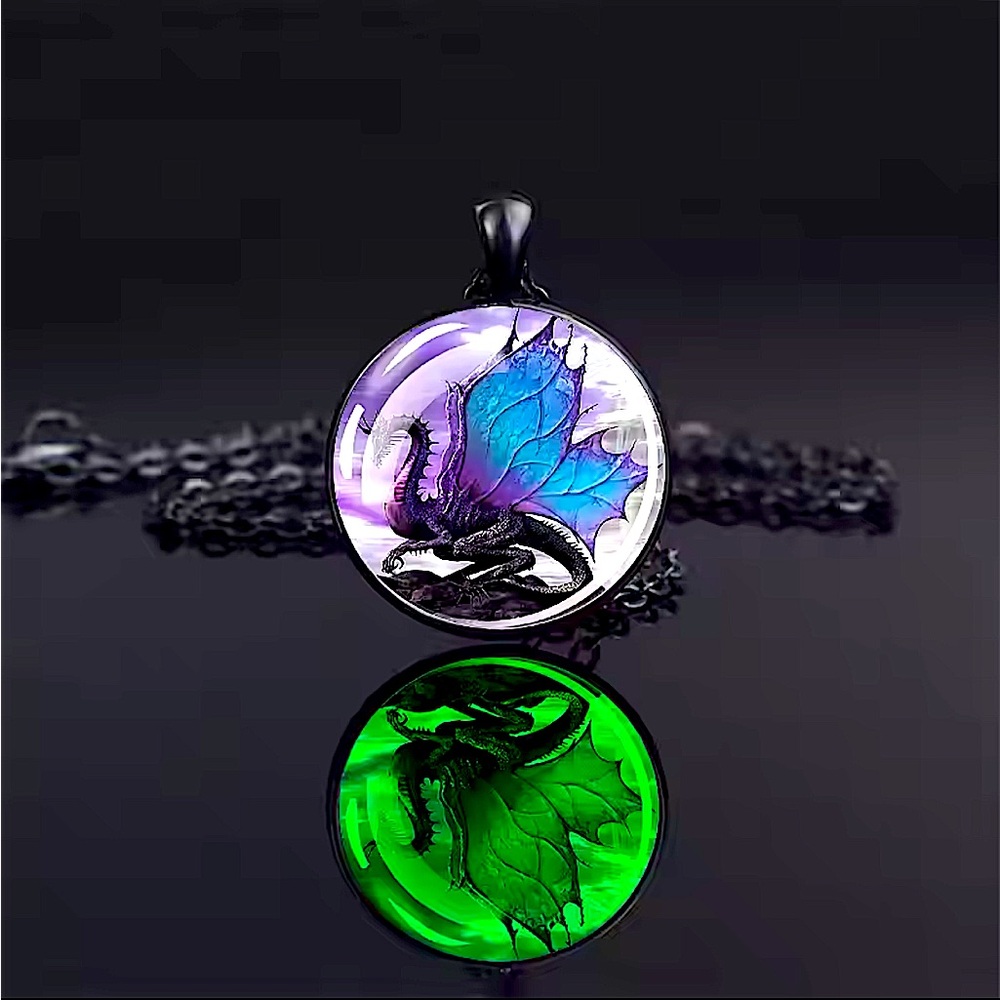 Dragon Necklace with Wings Unisex Black Chain Glow in the dark Pendant